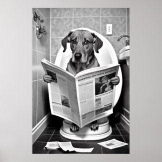 Póster Perro sentado en el inodoro leyendo un periódico