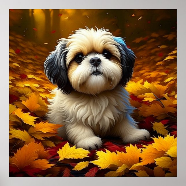 Póster Perro shih Tzu cachorro jugando en hojas de otoño (Frente)
