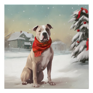 Póster Perro Staffordshire Americano en Navidad con Nieve