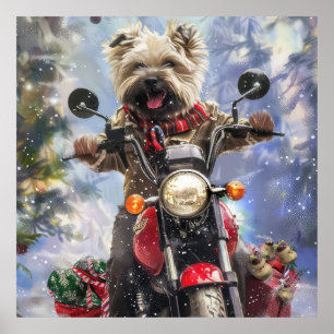Póster Perro Terrier Cairn montando motocicleta Navidad