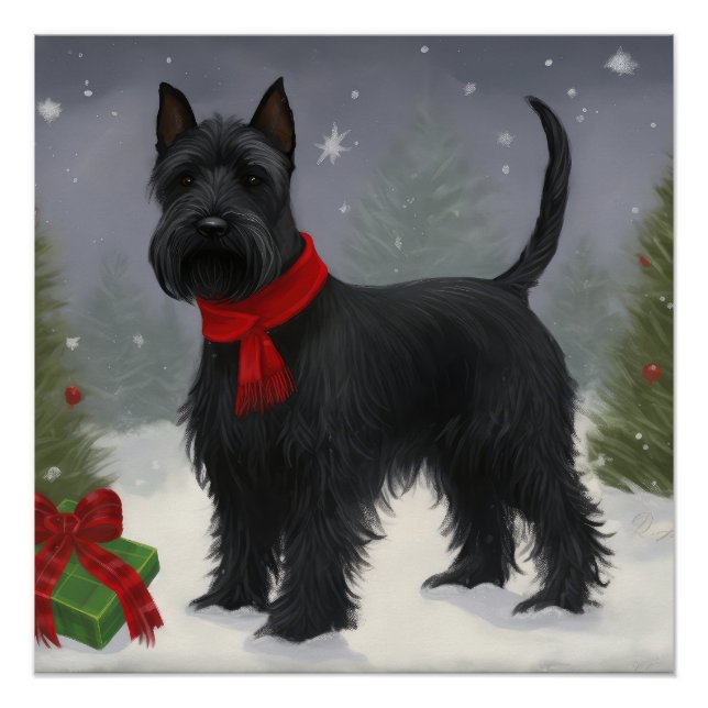 Póster Perro Terrier Escocés en Navidad con Nieve (Anverso)