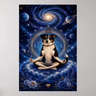 Póster Perro Tricolor Meditando Mandala de Yoga Zen Cósmi