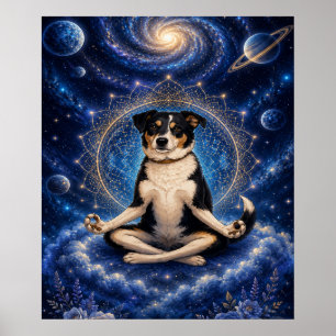 Póster Perro Tricolor Meditando Mandala de Yoga Zen Cósmi