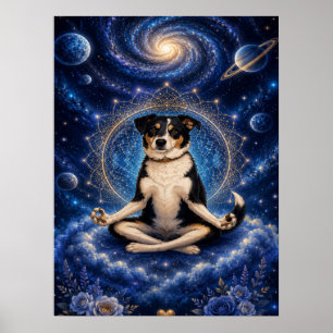 Póster Perro Tricolor Meditando Mandala de Yoga Zen Cósmi
