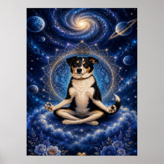 Póster Perro Tricolor Meditando Mandala de Yoga Zen Cósmi