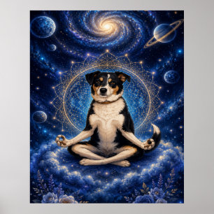 Póster Perro Tricolor Meditando Mandala de Yoga Zen Cósmi