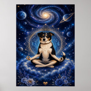 Póster Perro Tricolor Meditando Mandala de Yoga Zen Cósmi
