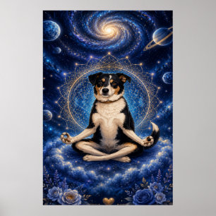 Póster Perro Tricolor Meditando Mandala de Yoga Zen Cósmi
