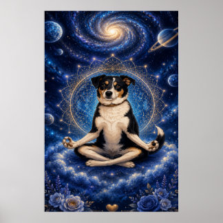 Póster Perro Tricolor Meditando Mandala de Yoga Zen Cósmi