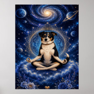 Póster Perro Tricolor Meditando Mandala de Yoga Zen Cósmi