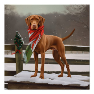Póster Perro Vizsla en Navidades de nieve