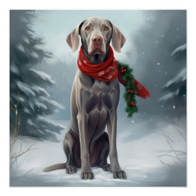 Póster Perro Weimaraner en Navidad con nieve (Anverso)