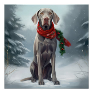 Póster Perro Weimaraner en Navidades de nieve