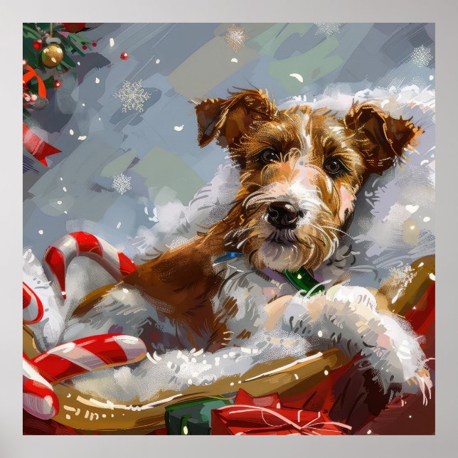 Póster Perro Wire Fox Terrier Navidad Festiva  (Frente)