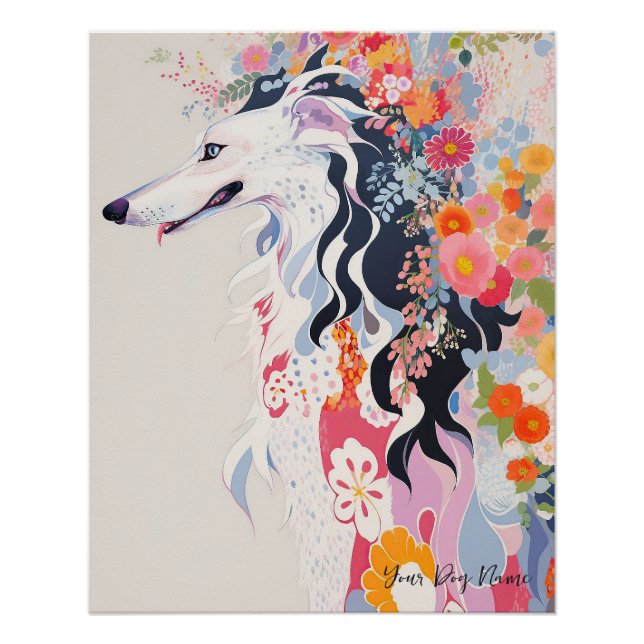 Póster Perro y flores de Borzoi 005 - Joyería a medida (Anverso)