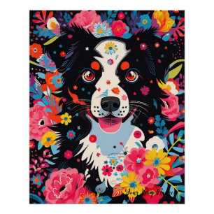Póster Perro y flores de Collie Fronterizo 004 - joyería 