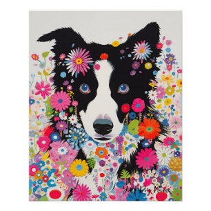 Póster Perro y flores de Collie Fronterizo 005 - joyería 
