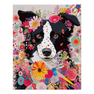 Póster Perro y flores de la Collie Frontera 001 - joyería
