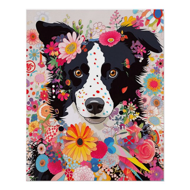 Póster Perro y flores de la Collie Frontera 001 - joyería (Anverso)