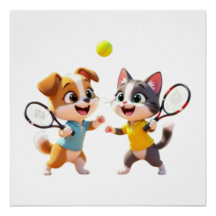 Perro y gato de dibujos animados lindos jugando al