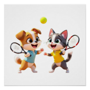 Póster Perro y gato de dibujos animados lindos jugando al