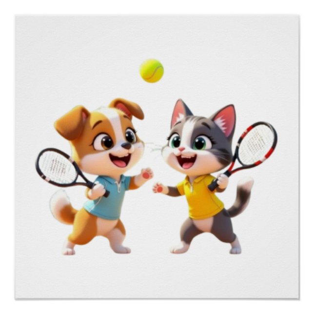 Póster Perro y gato de dibujos animados lindos jugando al (Anverso)