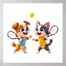 Perro y gato de dibujos animados lindos jugando pá
