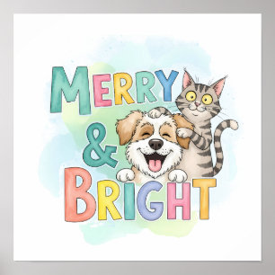 Póster Perro y gato lindo merry y brillante