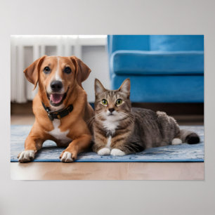 Póster Perro y gato Naranja adorables que se mueven en un
