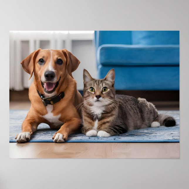 Póster Perro y gato Naranja adorables que se mueven en un (Frente)