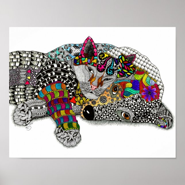 Póster Perro y Poster de gato lindo y colorido 14"x11" (Frente)