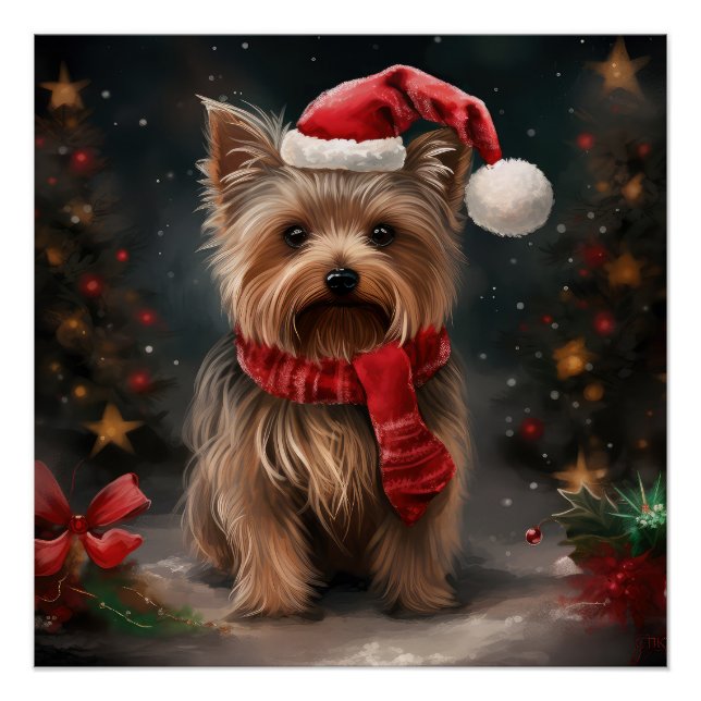 Póster Perro Yorkshire Terrier en Navidad con Nieve (Anverso)