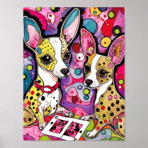 Póster Perros adorables de Chihuahua jugando cartas Poste