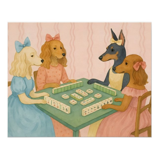 Póster Perros antiguos y lindos jugando Mahjong (Anverso)