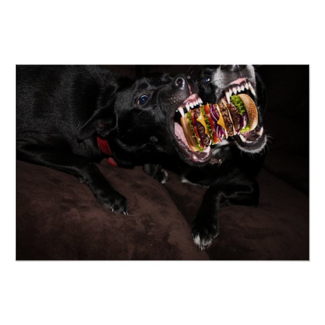 Póster Perros atacando una enorme hamburguesa. (Anverso)