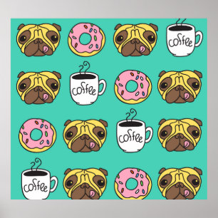 Póster Perros divertidos, donuts, patrón de café.