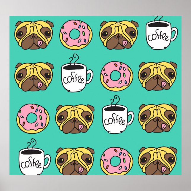 Póster Perros divertidos, donuts, patrón de café. (Frente)
