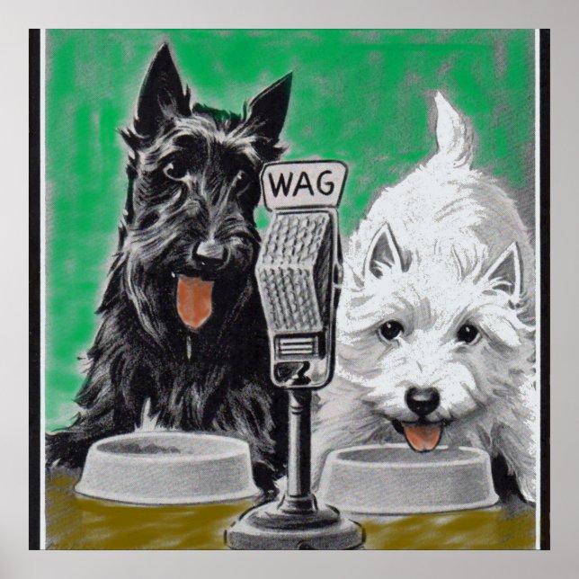 Póster Perros escoceses Blackie y Whitie en la radio (Frente)