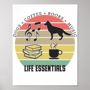 Póster Perros esenciales para la vida, café, libros, músi