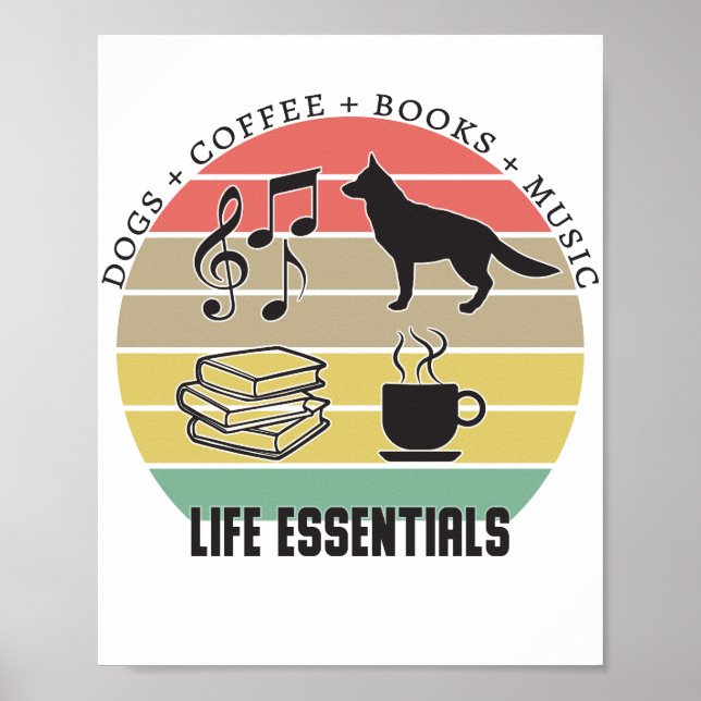 Póster Perros esenciales para la vida, café, libros, músi (Frente)