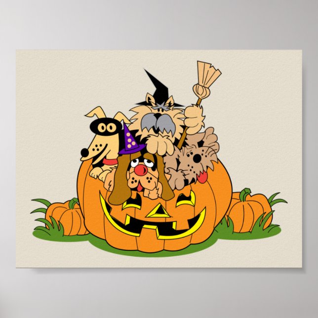 Póster Perros felices de Halloween en calabaza (Frente)