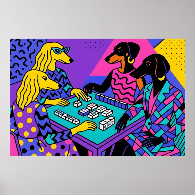 Póster Perros Retro Jugando Mahjong (Frente)