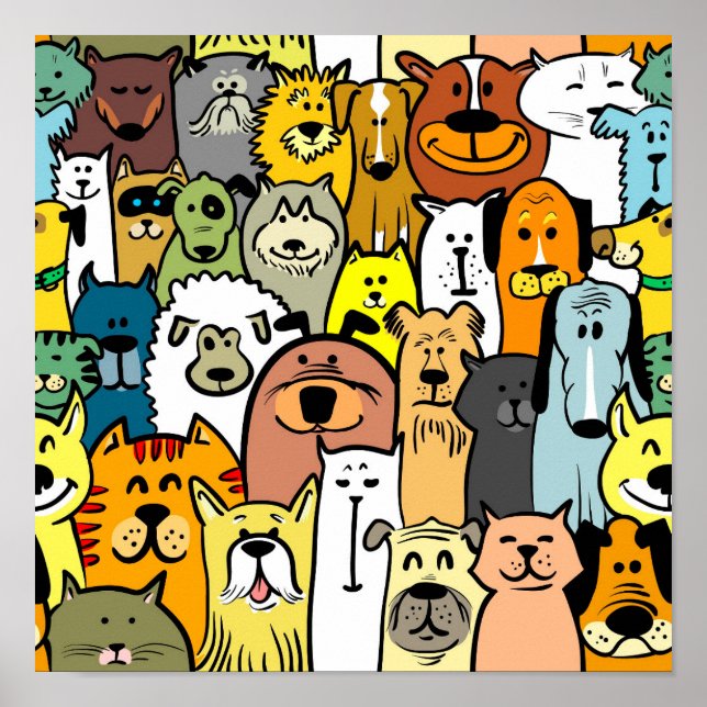 Póster Perros y gatos ilustrados y bonitos (Frente)