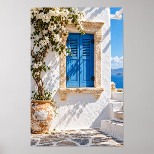 Póster Persianas Azules Mediterráneas y Buganvilla Blanca