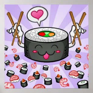 Póster Personaje de caricatura de sushi comiendo muchos c