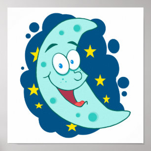 Póster personaje de dibujos animados de la luna azul feli