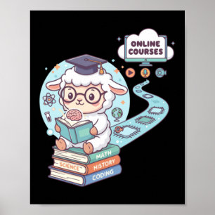 Póster Personaje de oveja linda aprendiendo cursos en lín