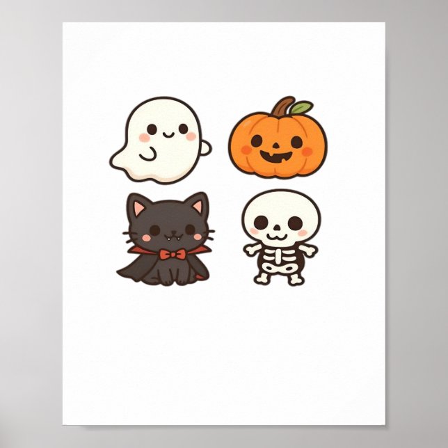 Póster Personajes de Halloween - Fantasma, Calabaza, Gato (Frente)