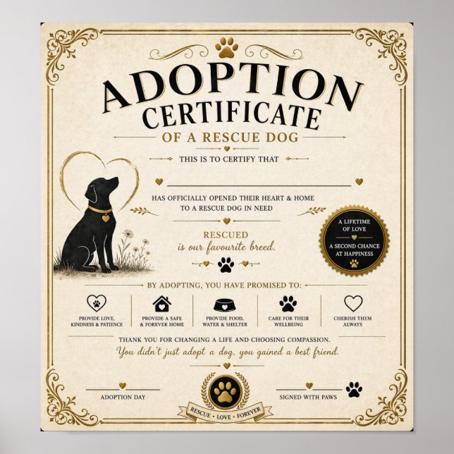 Póster Personalised Rescue Dog Adoption Certificate (Frente)