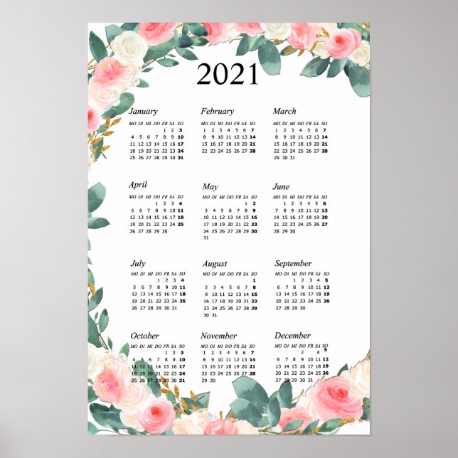 Póster Personalisierbar Kalender 2021 Floral (Frente)